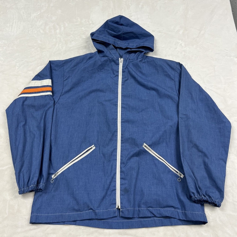 Weatherfield Sportswear Windbreaker Mens Large Blue Racing Stripe Hooded Jacket